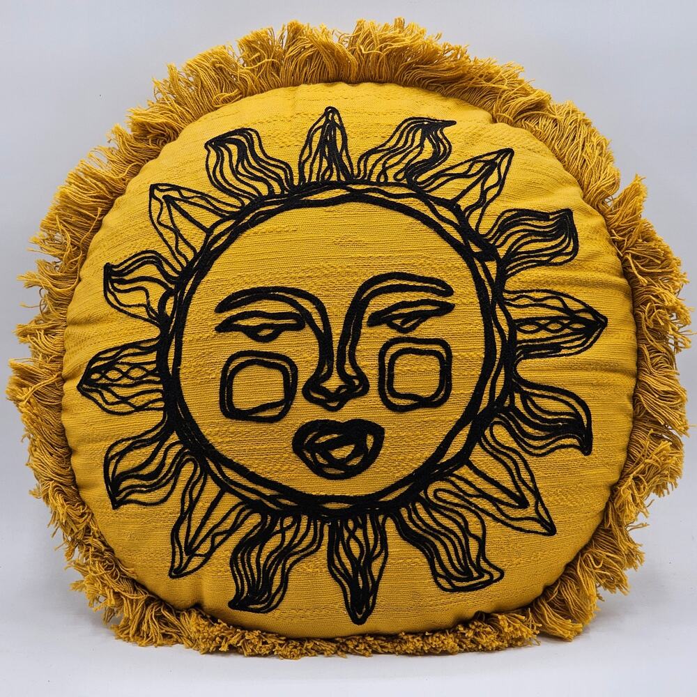 Celestial Sun Fringe Pillow Round Yellow Boho Accent Opalhouse Jungalow Decor